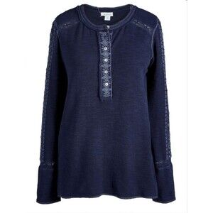 Sundance Shirt Womens XXL Guiding Paths Navy Embroidered Double Knit Henley Top